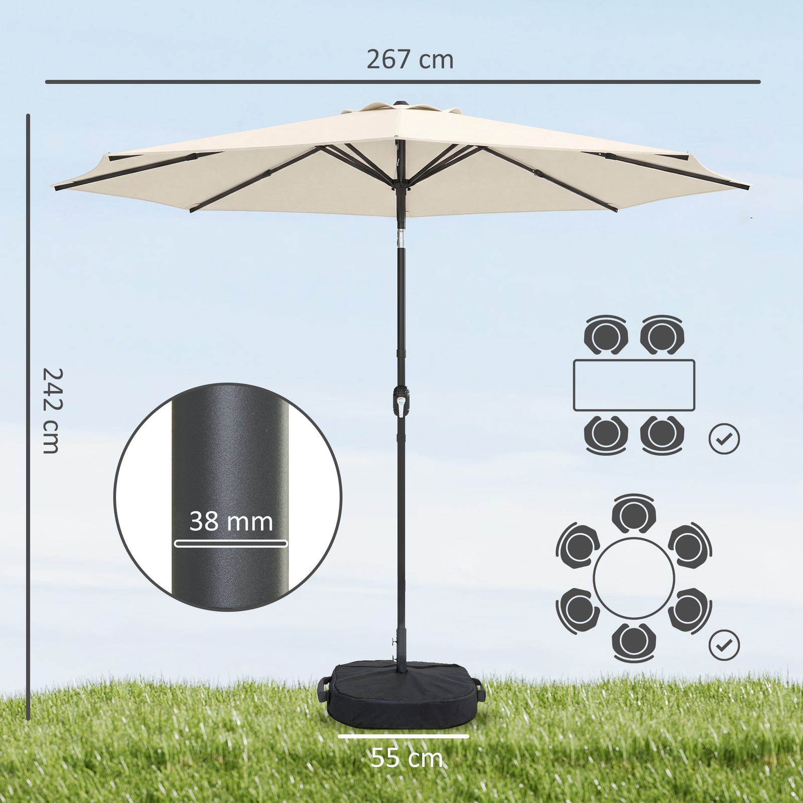 2.7 M Garden Parasol Umbrella With Cross Base, Sandbag | Cream