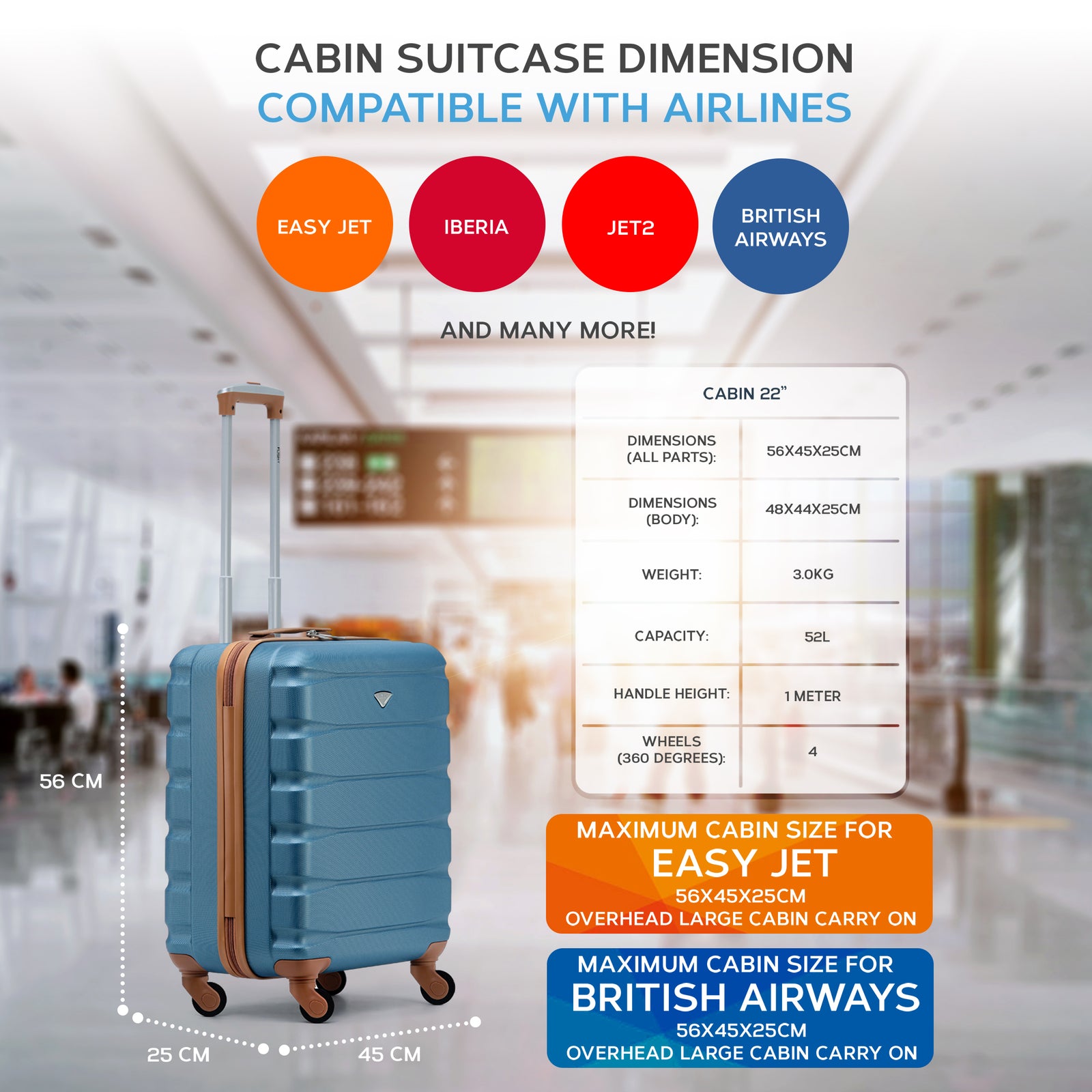 56x45x25cm Large Cabin Carry On Case - Overhead Luggage Suitcase - 4 Spinner Wheels - Abs Shell | 56 x 45 x 25cm | Blue