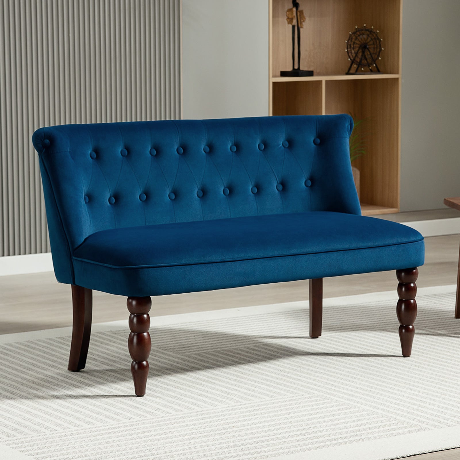 Velvet-feel Two-seat Lounger Sofa With Wood Frame | Blue