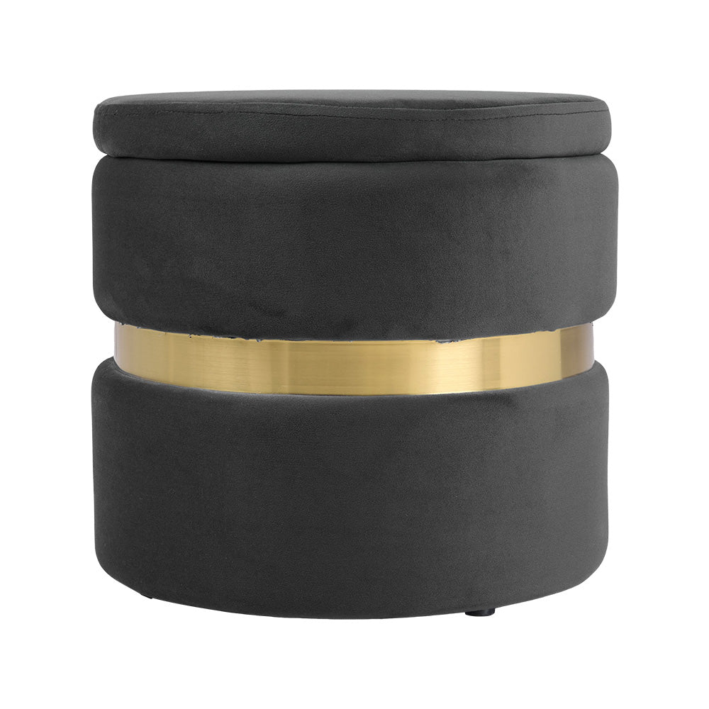 Upholstered Storage Ottoman Foot Rest With Gold Metal Ring 40cm Dia | Grey