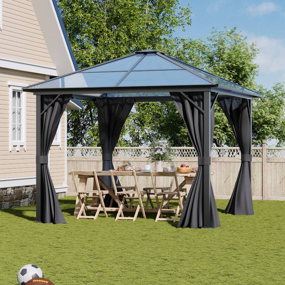 3x3m Hardtop Patio Gazebo With Curtains Metal Frame Outdoor Canopy Shelter 2.6m Height
