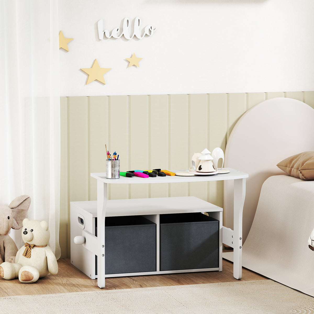 AIYAPLAY 3 In 1 Kids Storage Bench, Toddler Table And Chair Set, White