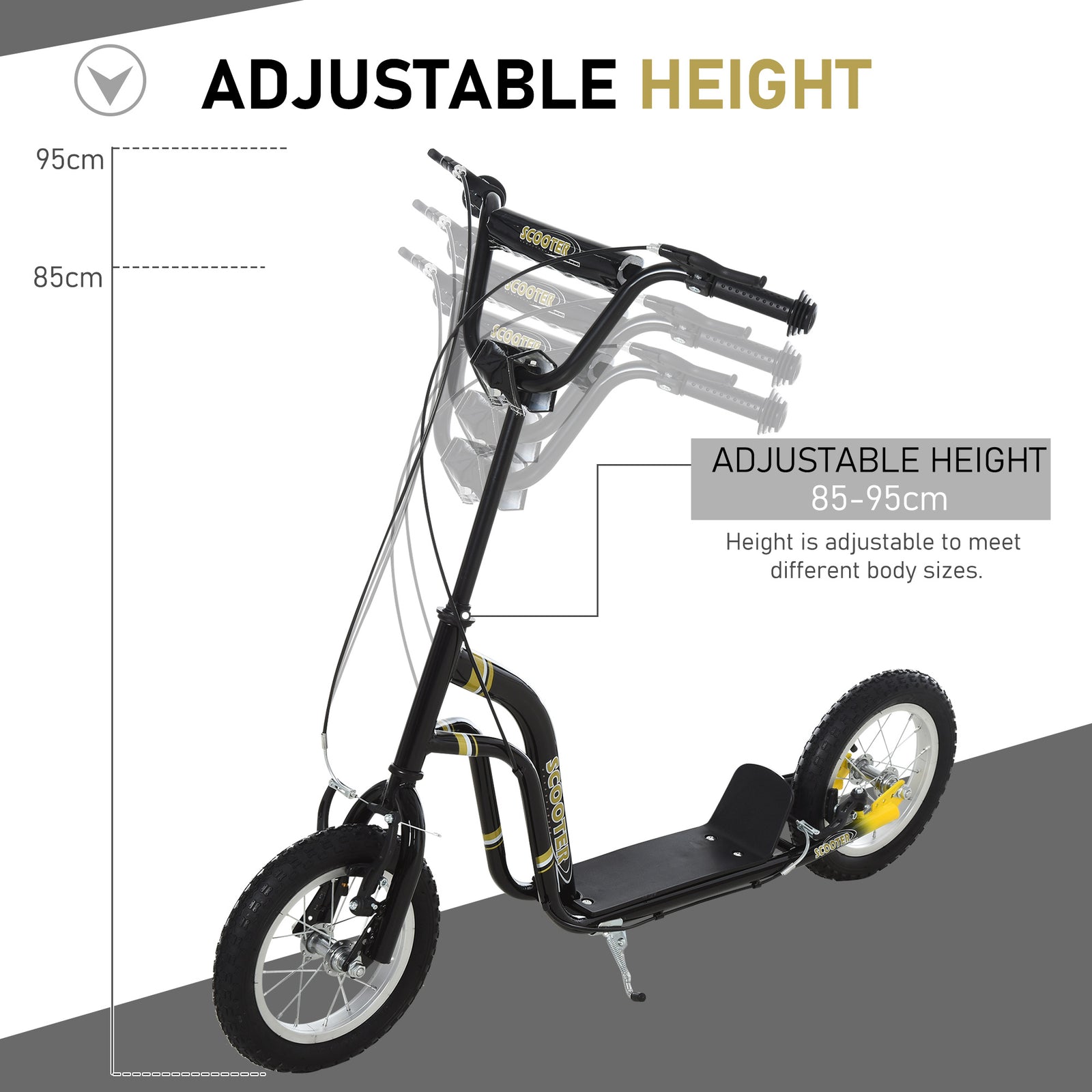 Dual Brakes Kick Scooter 12-inch Inflatable Wheel Ride On Toy For Age 5+ | Black
