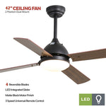 42 Inch Brown Ceiling Fan With Adjustable Lighting & Remote 4 Blade Modern Quiet Fan