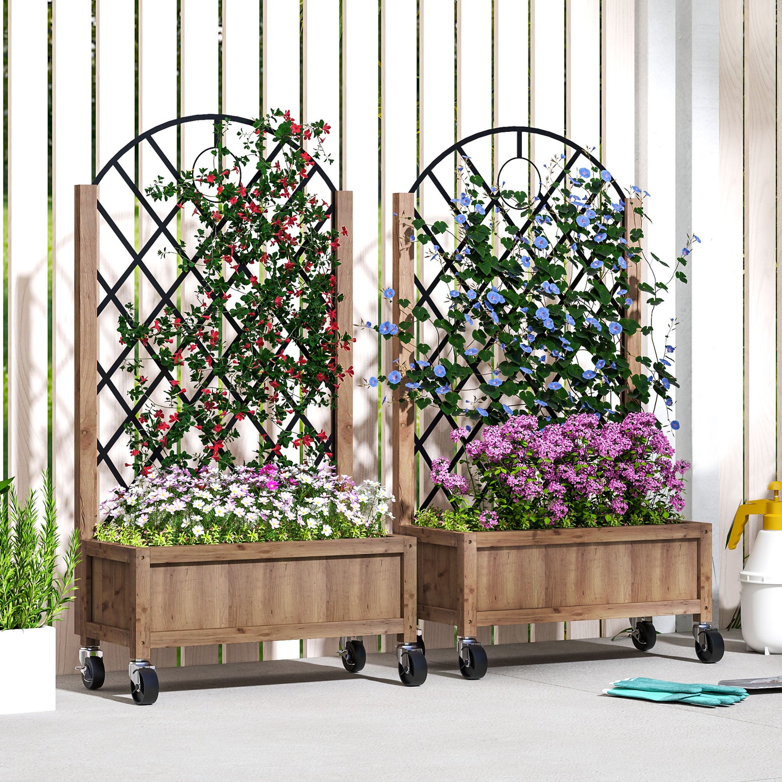 Pack Of 2 Wooden Raised Bed, Outdoor Planter Box W/ Trellis