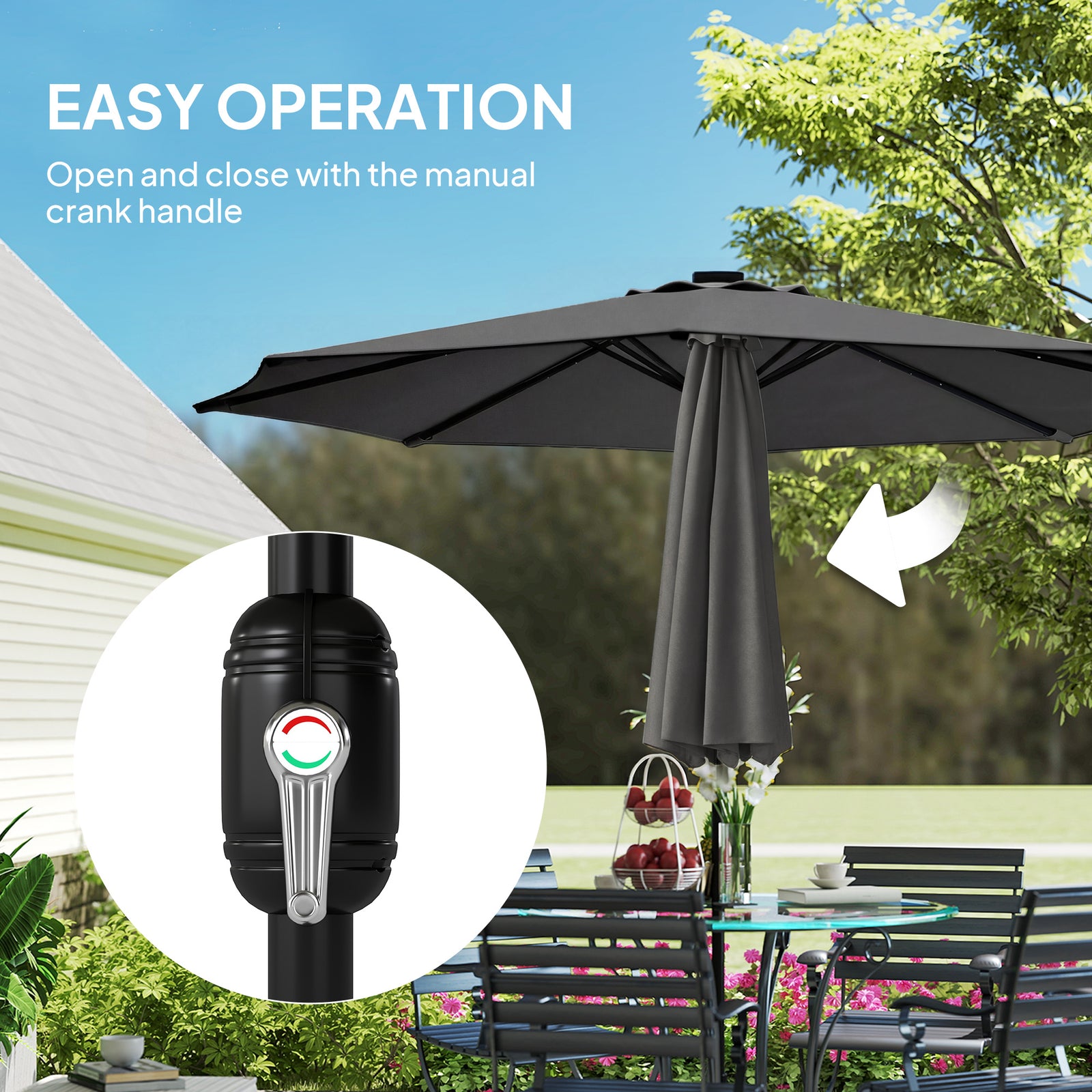 2.6 M Garden Parasol Umbrella With Light, Outdoor Patio Umbrella | Black