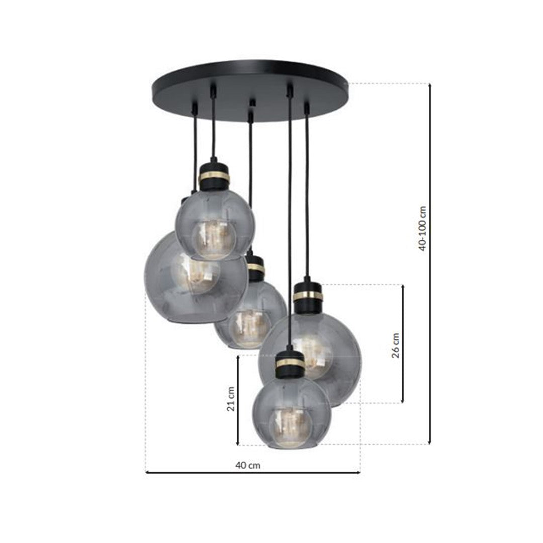 Omega Black/gold Pendant Lamp 5xe27 With Elegant Smoked Glass Spheres Quality Matt Black Fittings With Gold Detail