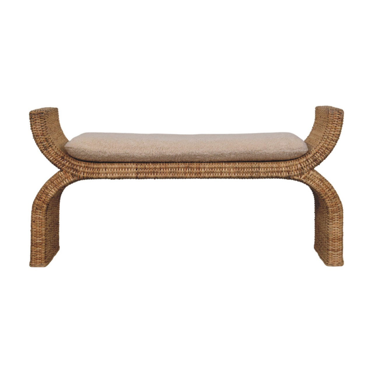 Artisan Furniture Solid Wood Rattan Weave Boucle Bench, Upholstered