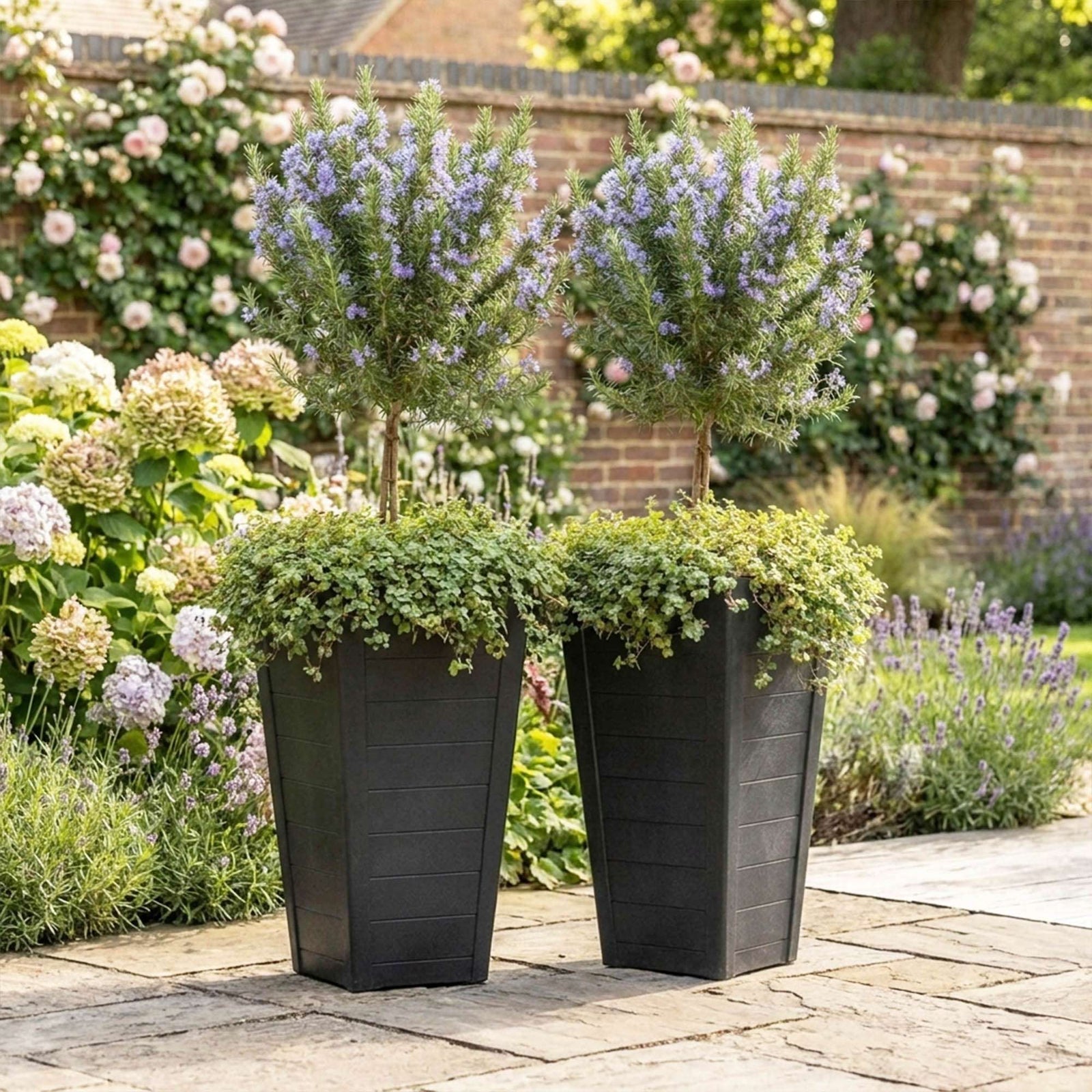 57cm Tall Plank Effect Black Rubber Planters - Indoor Outdoor Planter | Set-of-2