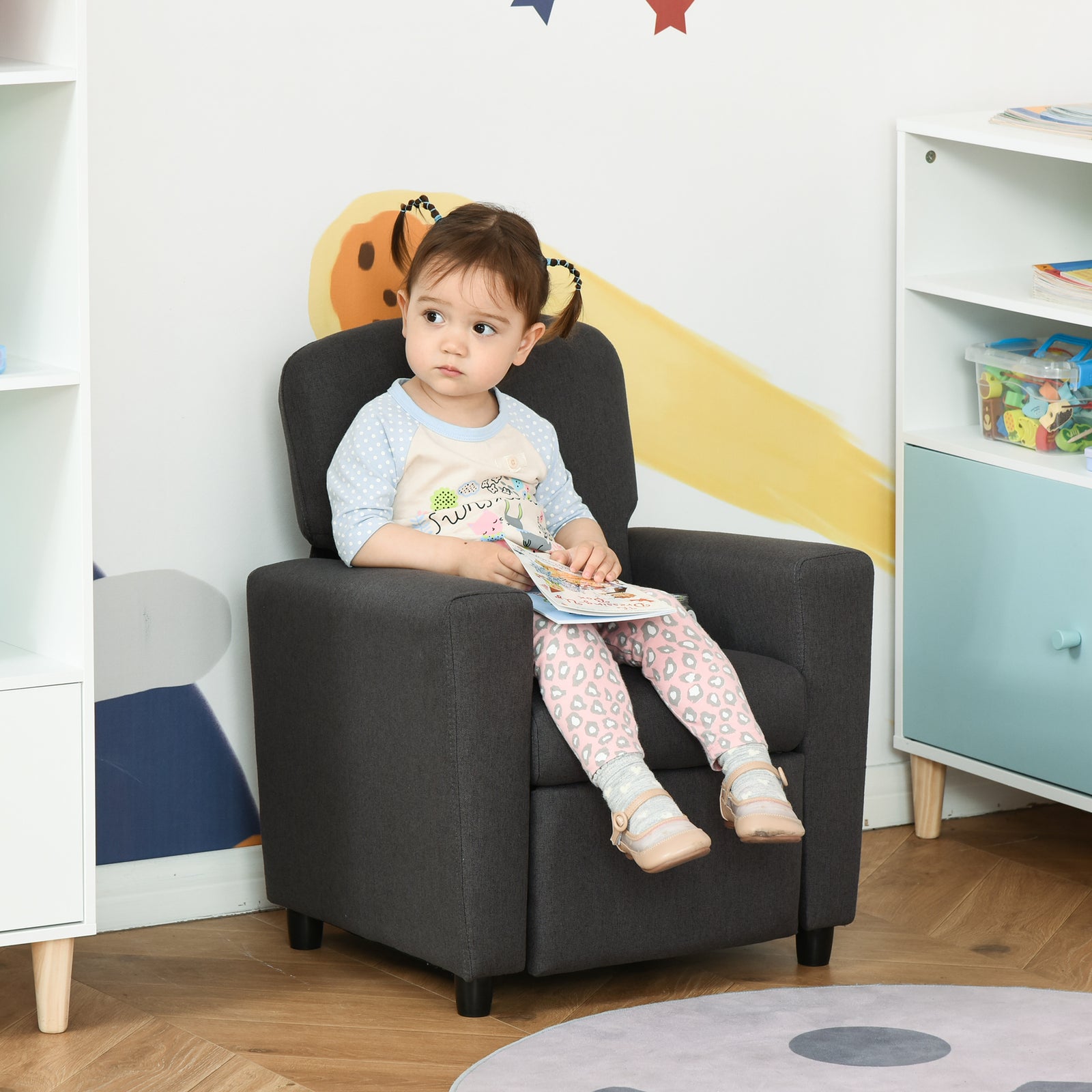Kids Sofa With Footrest Linen Recliner Armchair Playroom Bedroom Grey