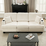 Corduroy 3-seater Couch For Living Room With Cup Holders, Wooden Frame, Soft Cushions, Modern Sofa | Beige