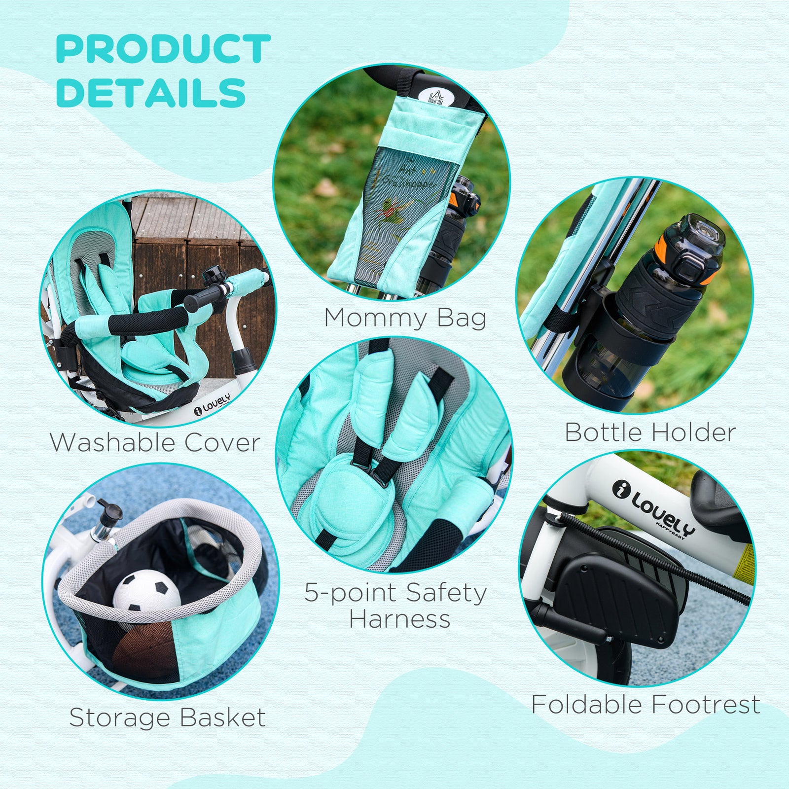 6 In 1 Kids Trike, Stroller With Parent Handle | Green