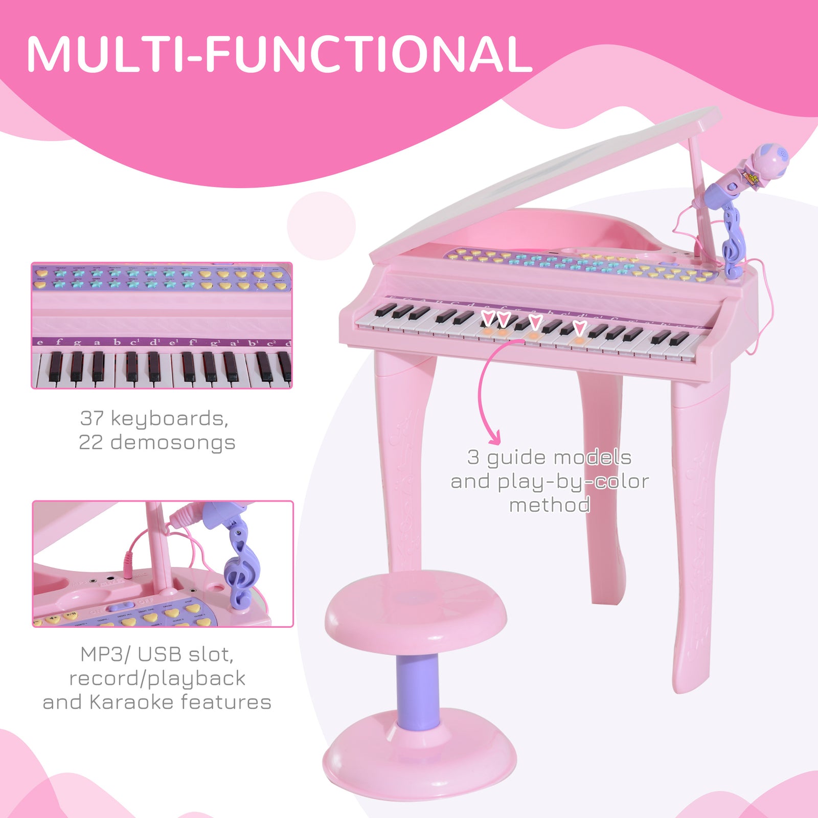 37 Key Musical Mini Piano Electrionic Keyboard Microphone Stool | Pink