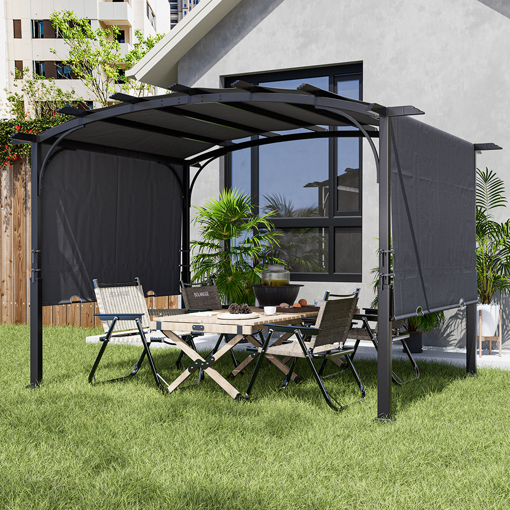 Dark Grey Curved Retractable Outdoor Awning Canopy 360 cm W x283cm D x227cm H, Heavy-Duty Steel Frame