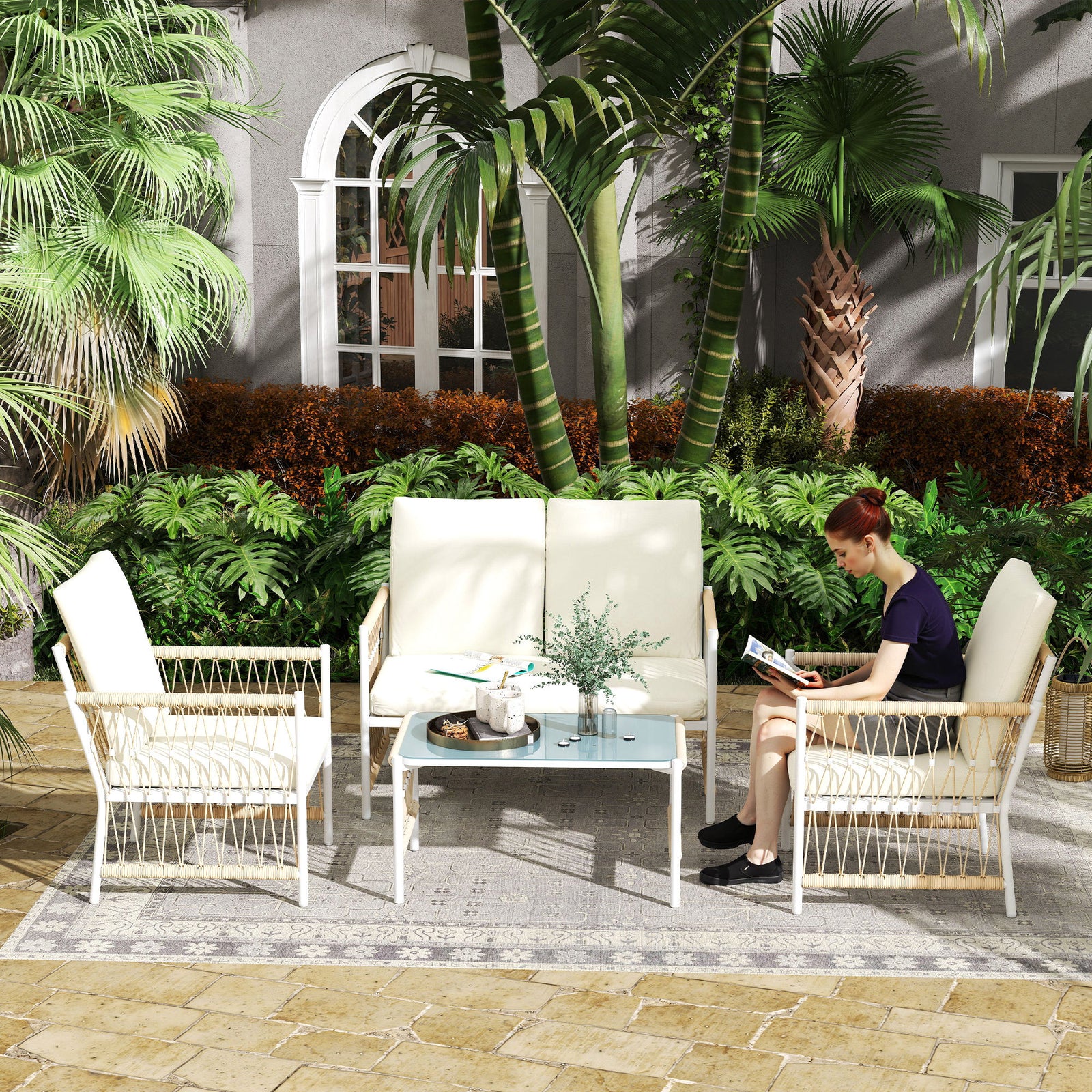 4 Piece Rattan Set, Wicker Conversation Set | Khaki