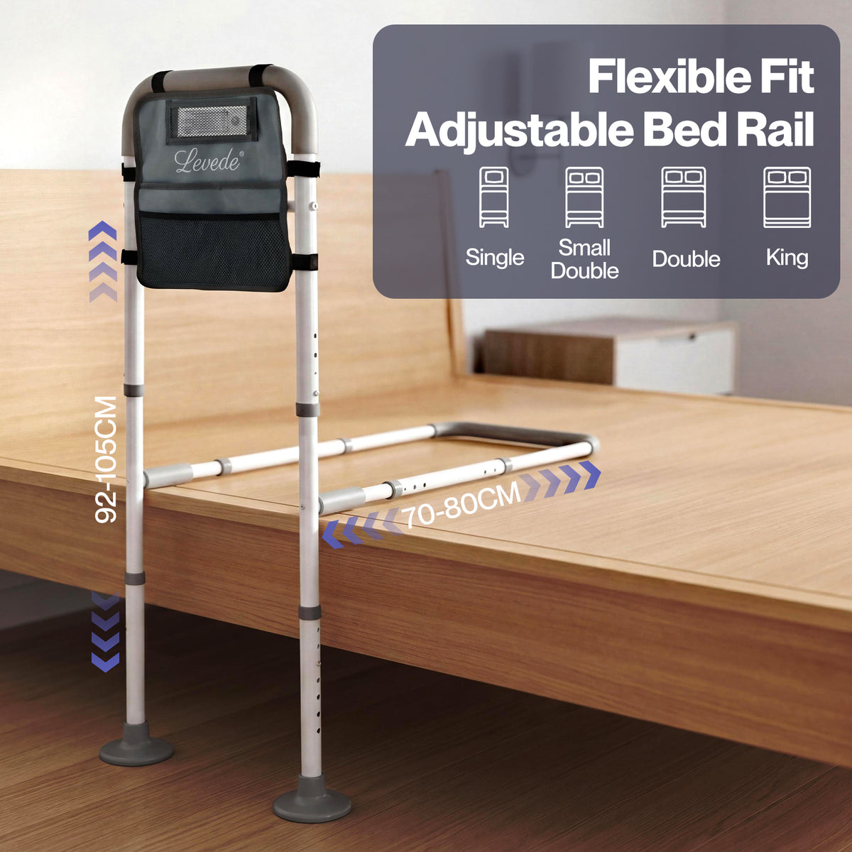 Adjustable Bed Rail With Led Sensor Light Storage Pocket Bed Handle Guard