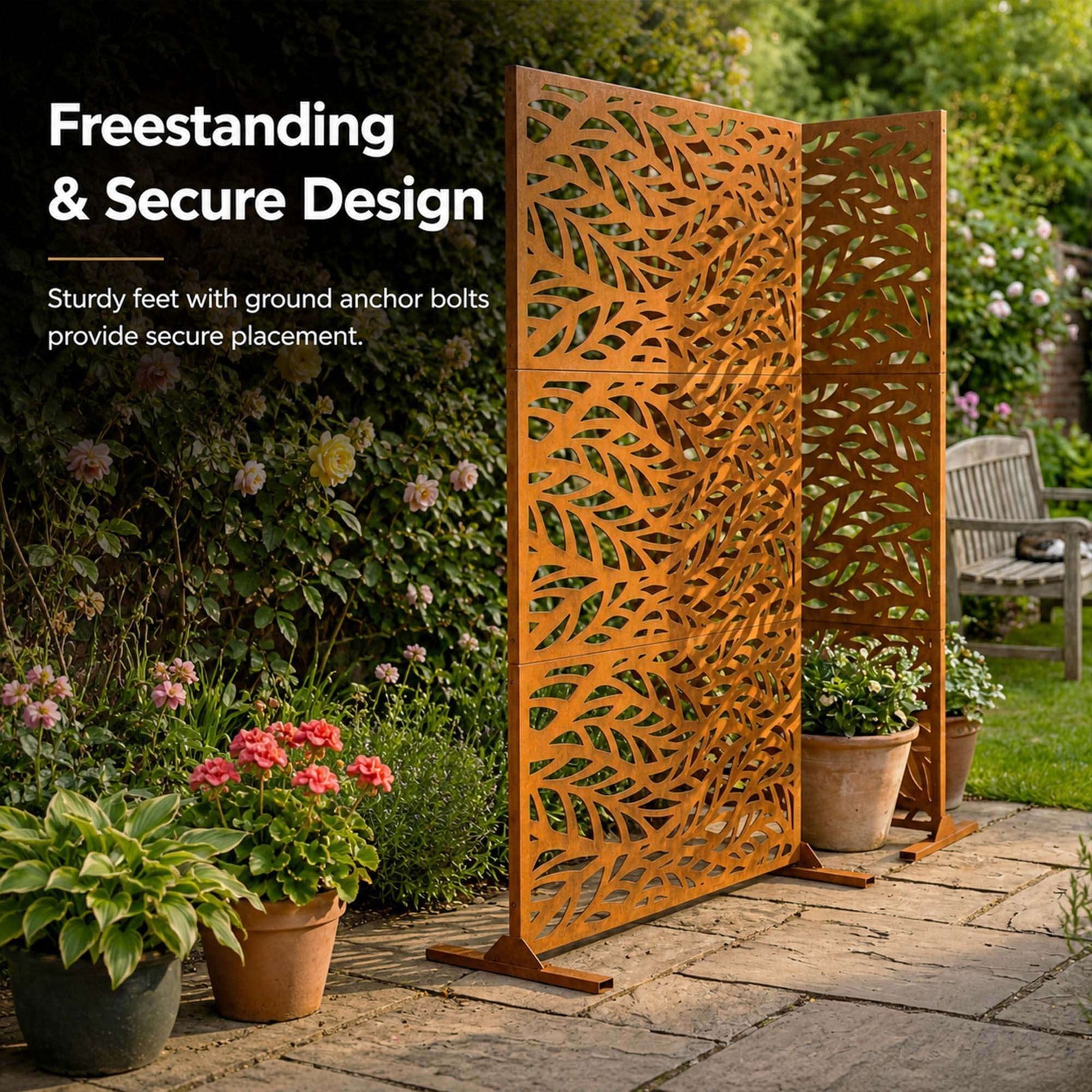 Indoor Outdoor Metal Privacy Screen - Leaf Pattern | Rust