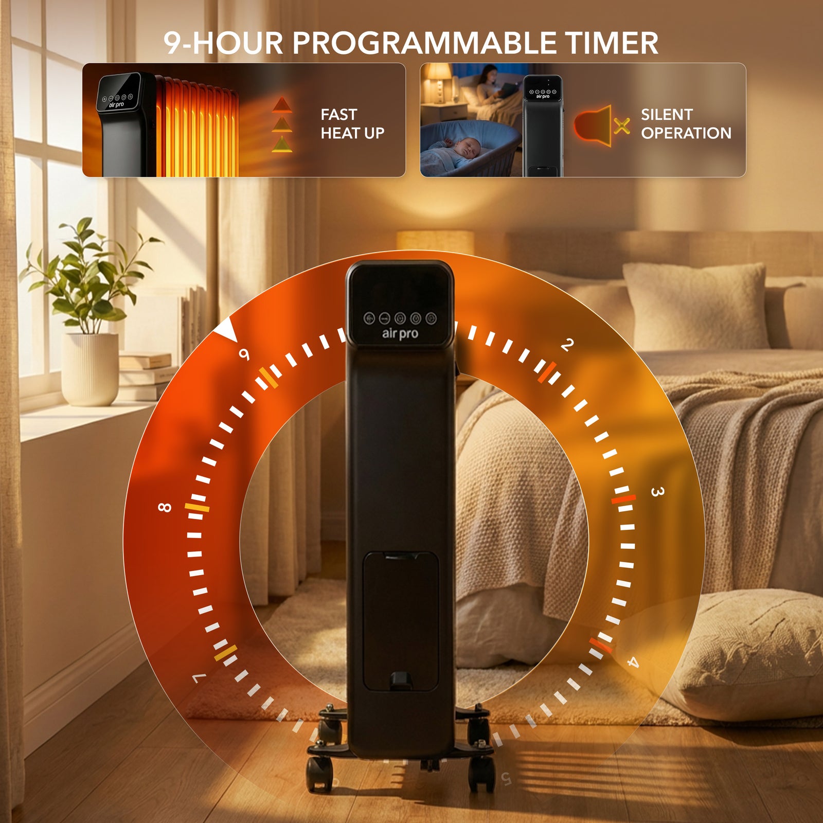 Oil-filled Electric Radiator 2500w With Thermostat, 9 Hour Timer | Black