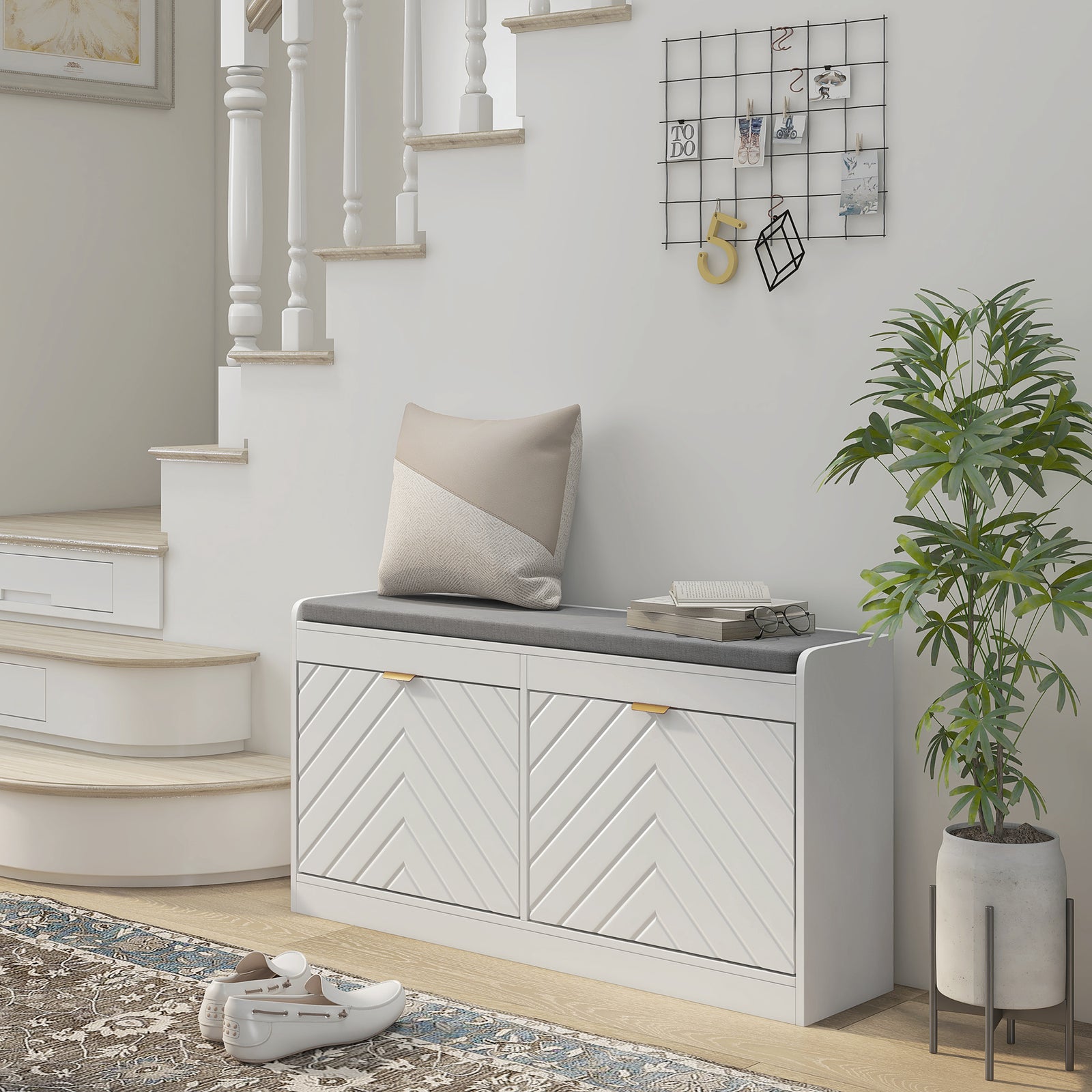 Shoe Bench With 2 Flip Drawers Cushion 8 Pairs For Entryway