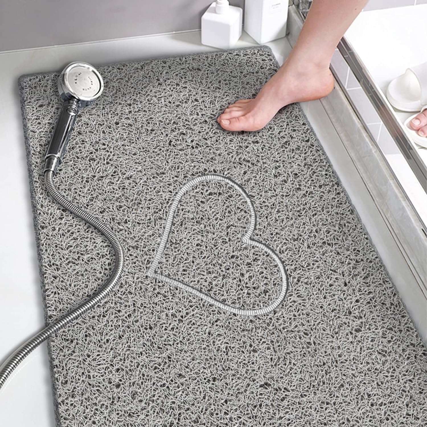 Spaghetti Anti Slip Shower/bath Mat - Heart Embossed | 100cm x 40cm | Grey