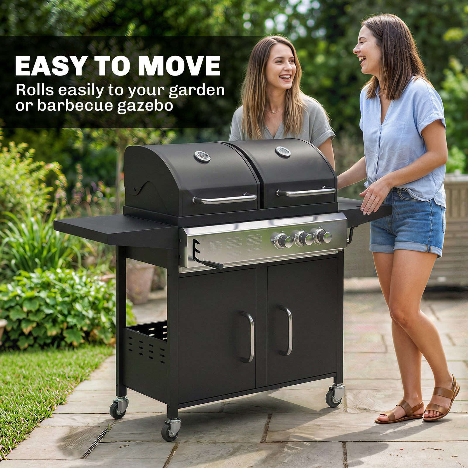 3 Burner Hybrid Dual Fuel Bbq Gas Grill With Side Burner, Black