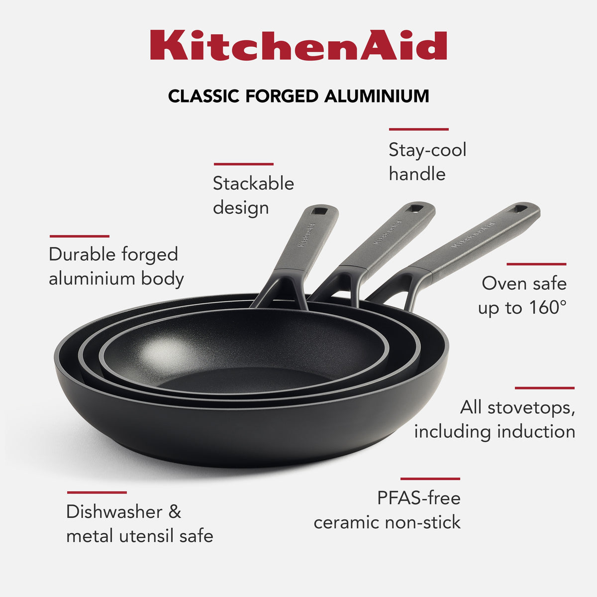 KitchenAid Cookware Forged Aluminium 3 Piece Frying Pan Set, 20 +24 + 28cm