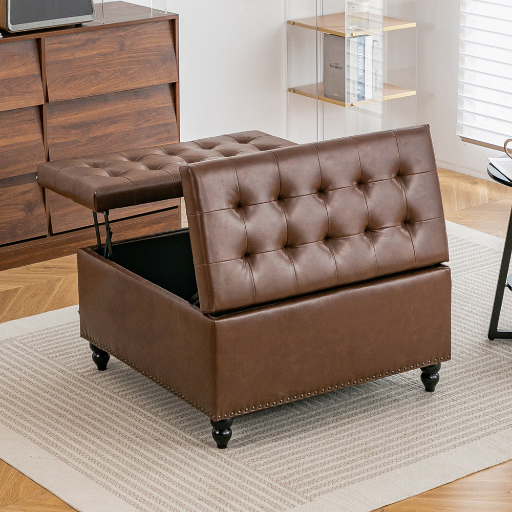 Square Pu Leather Upholstered Storage Ottoman With Lift-top & Flip Design