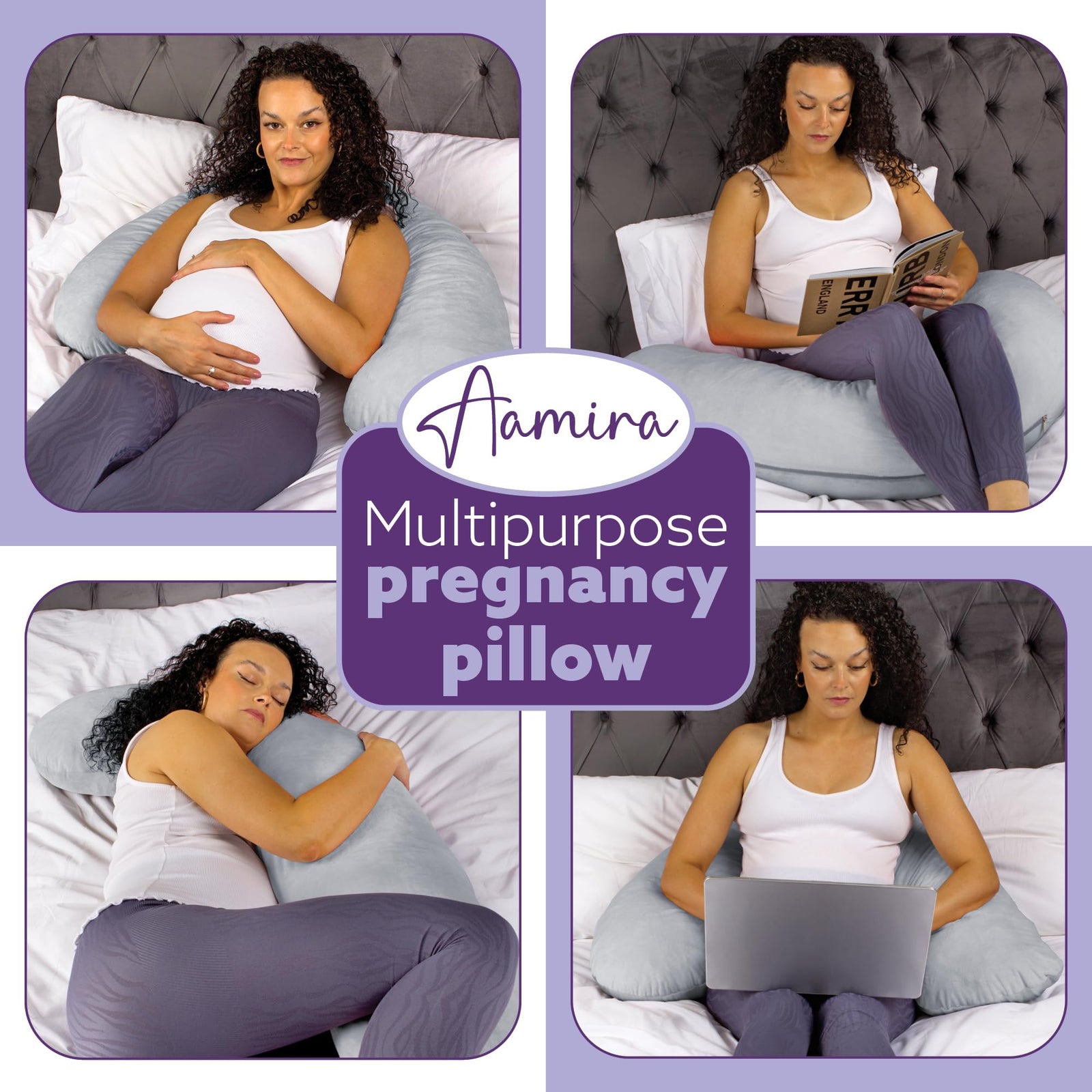 L Shaped Pregnancy Pillow, 145x25x20cm Shredded Memory Foam Full Body Maternity Cushion For Sleeping | J Shape | Light Grey