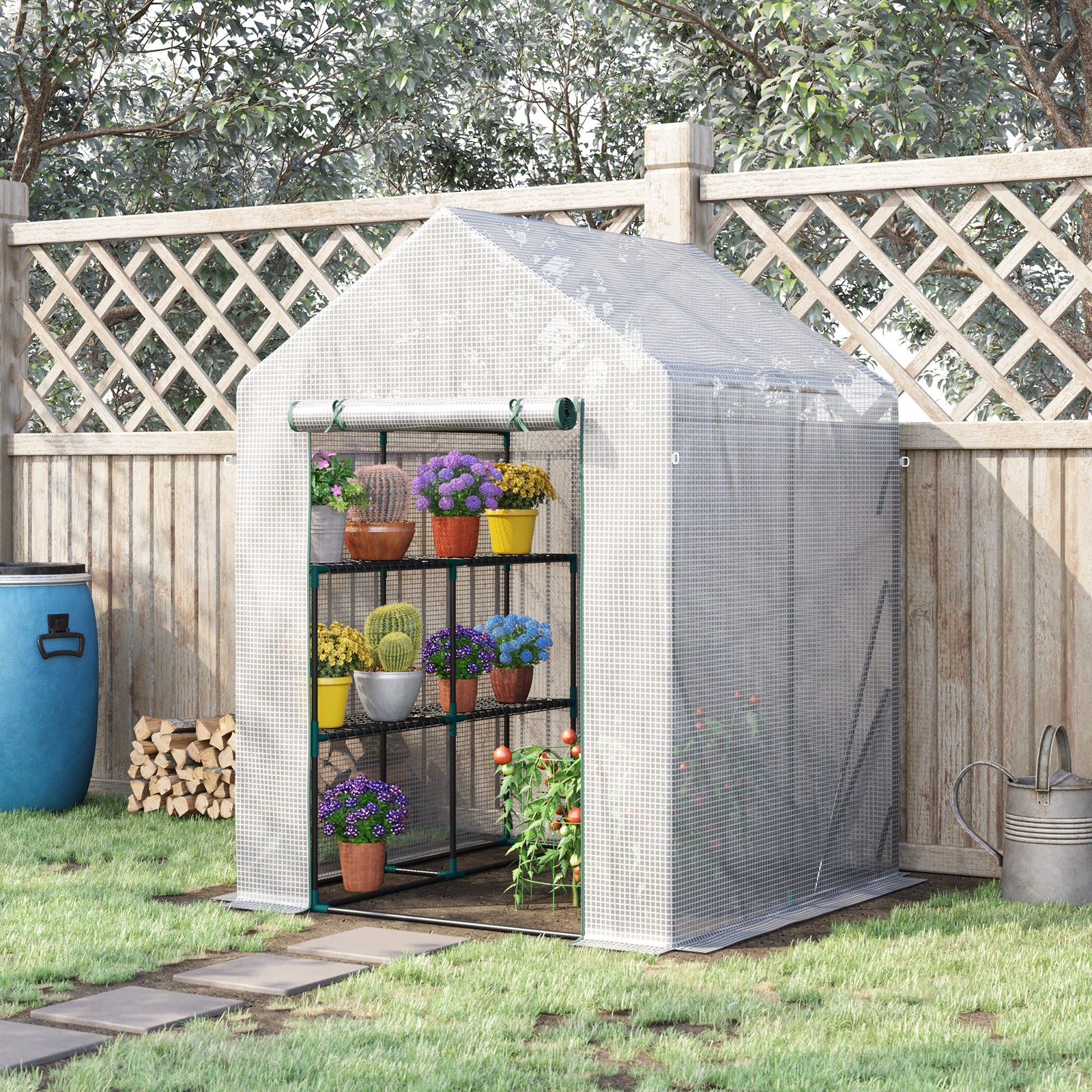 Greenhouse W/ 2 Tier Shelf & Roll-up Door - Clear | 143 x 143 x 195cm | Clear