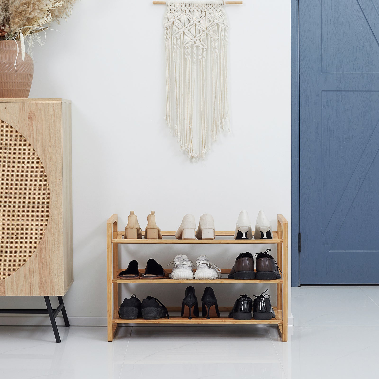 Bamboo Shoe Rack, 3-tier Shoe Storage Shelf For 9 Pair