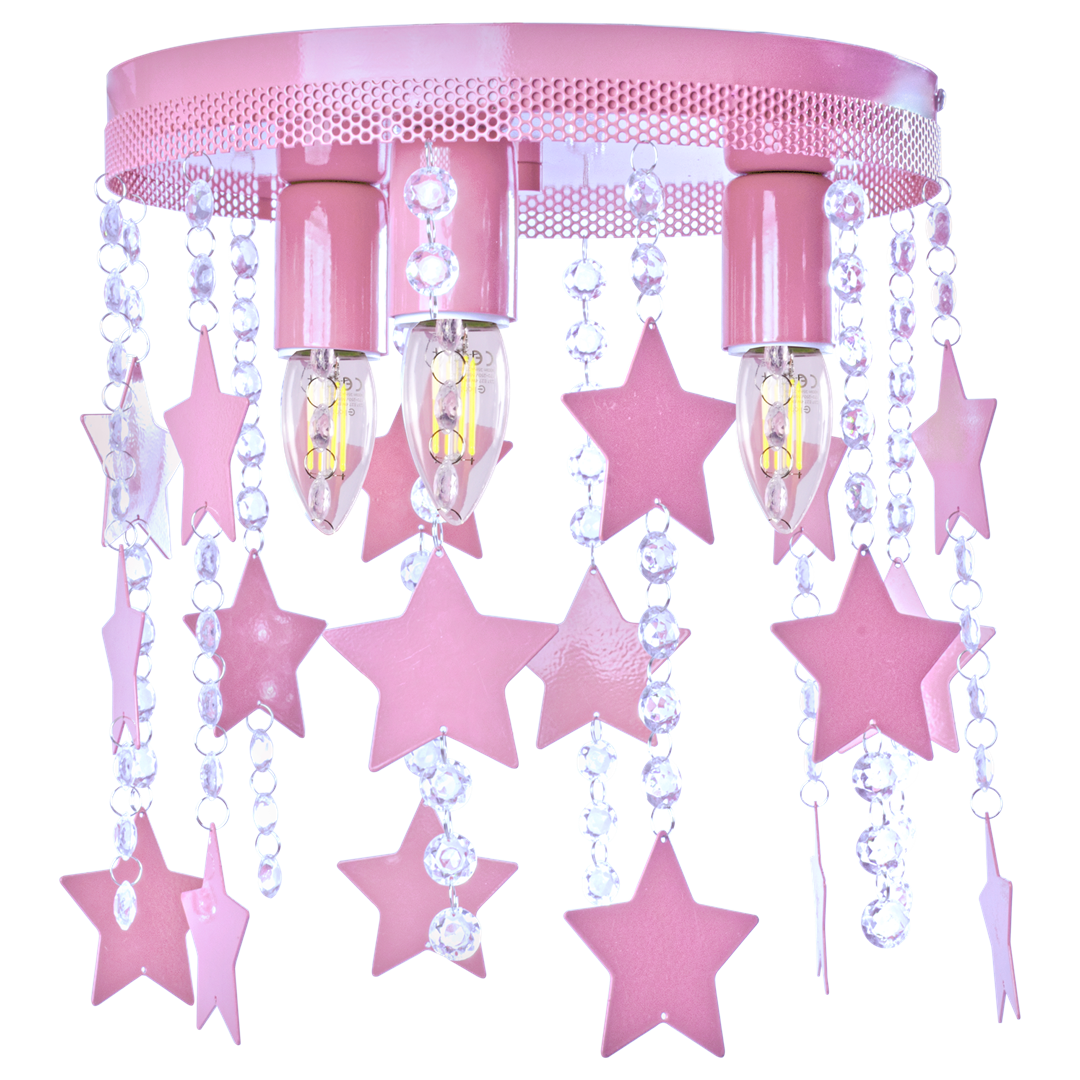Ceiling Lamp Star 3xe27 Attractive Hand Made Chandelier With Suspended Crystals And Stars | Pink