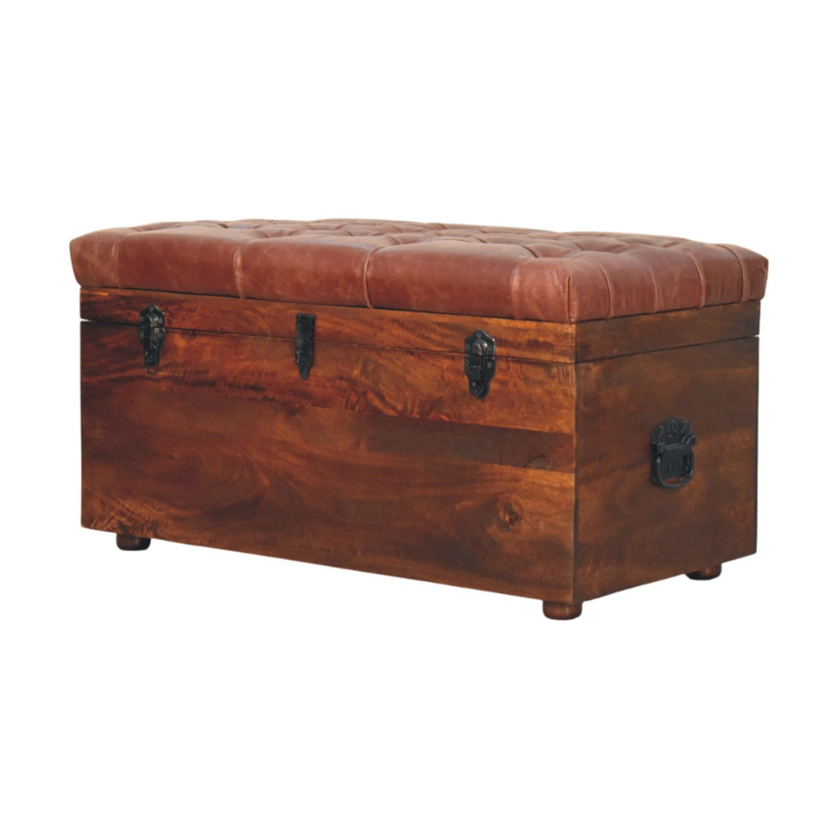 Solid Wood Brown Buffalo Hide Leather Storage Trunk