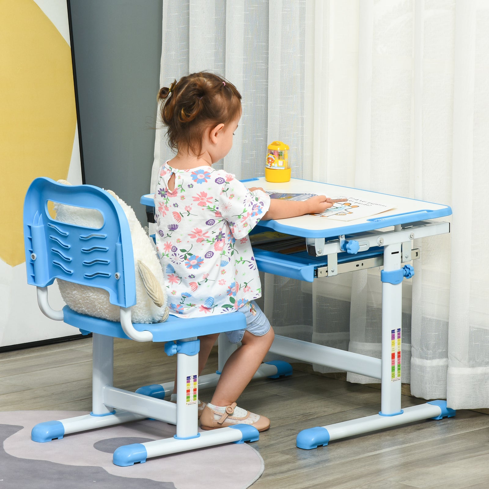 Kids Desk And Chair Set W/ Drawer, Pen Slot Hook | Blue