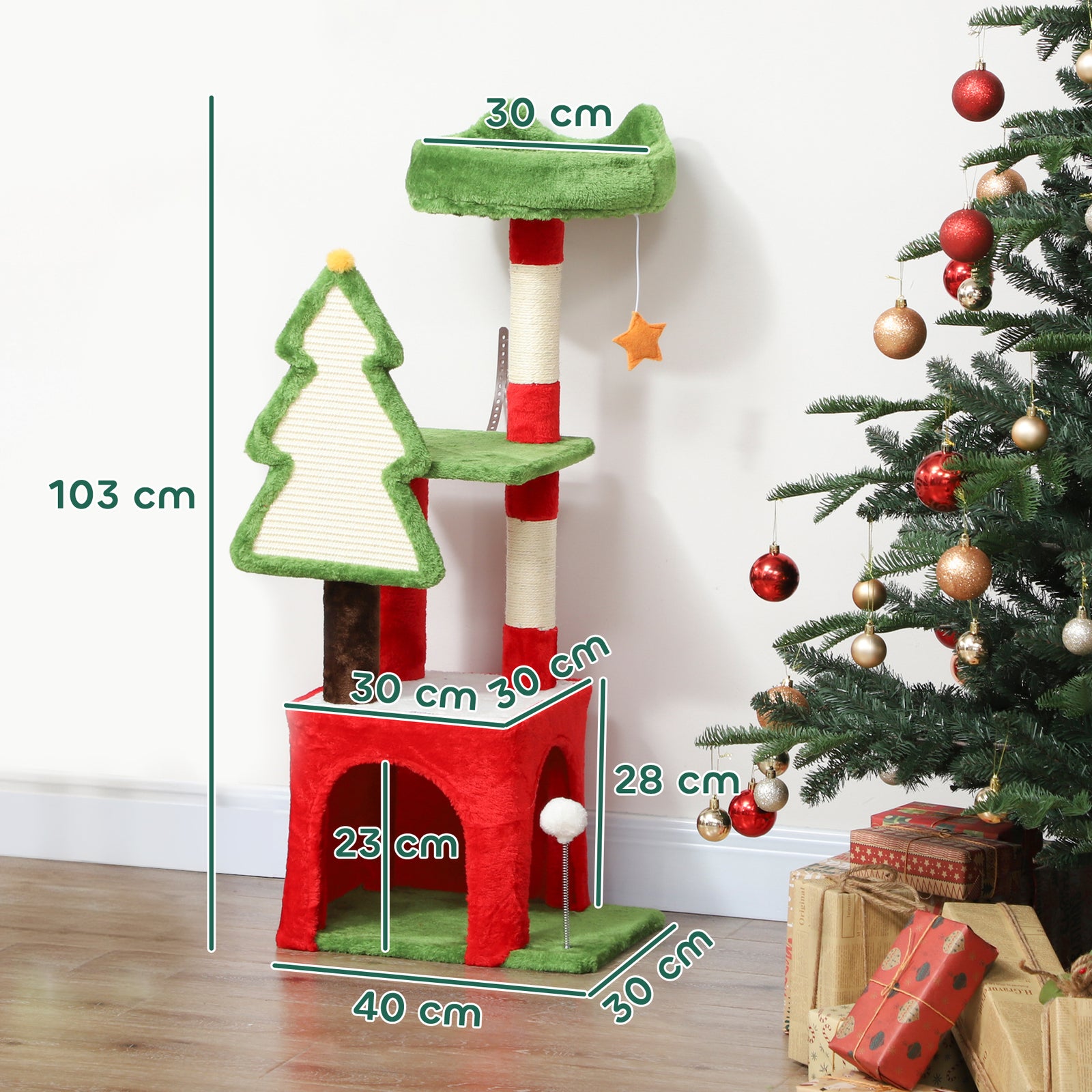 103cm Christmas Cat Tower With Scratching Post And Board, Green
