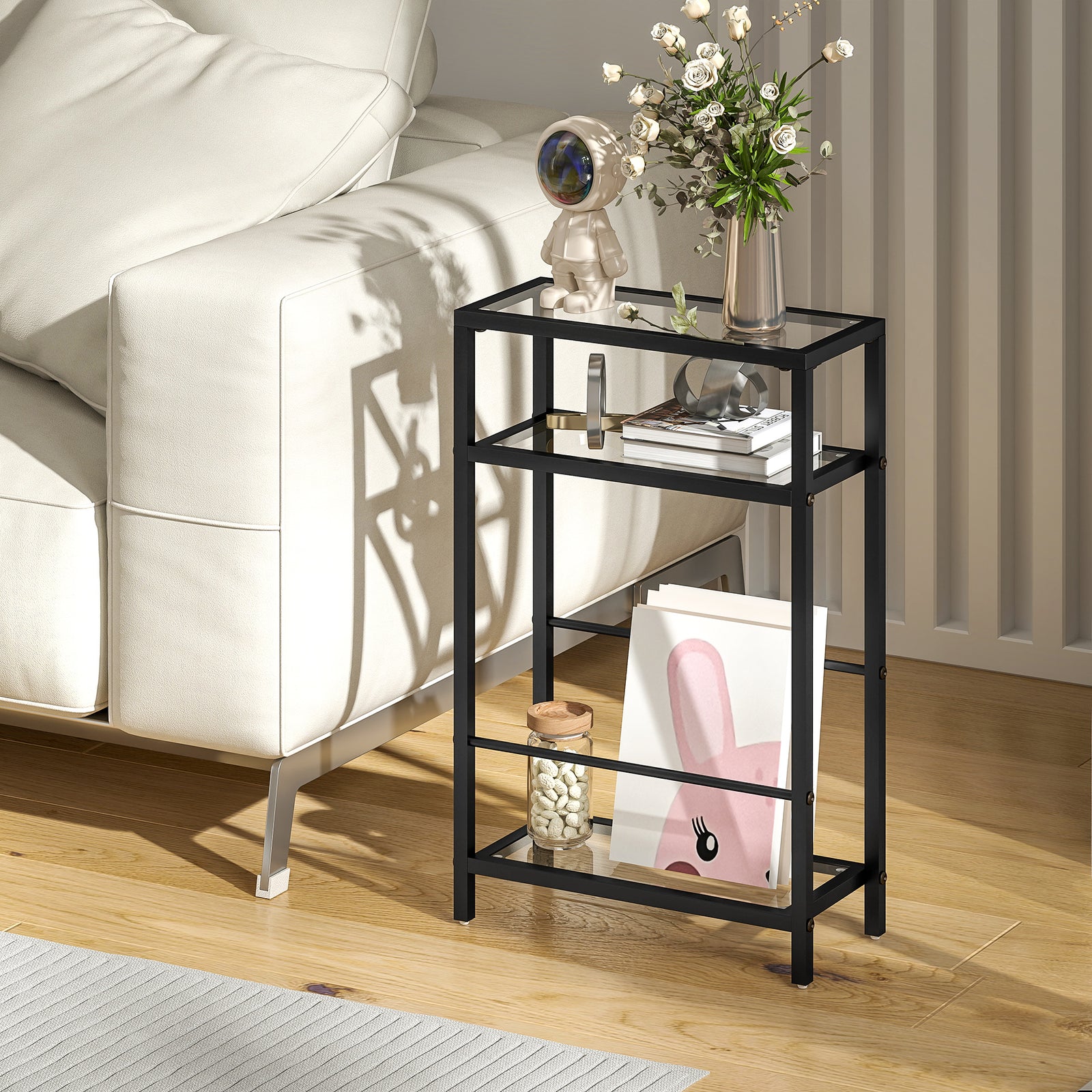 Slim Side Table, End Table With Tempered Glass Tabletop | Black