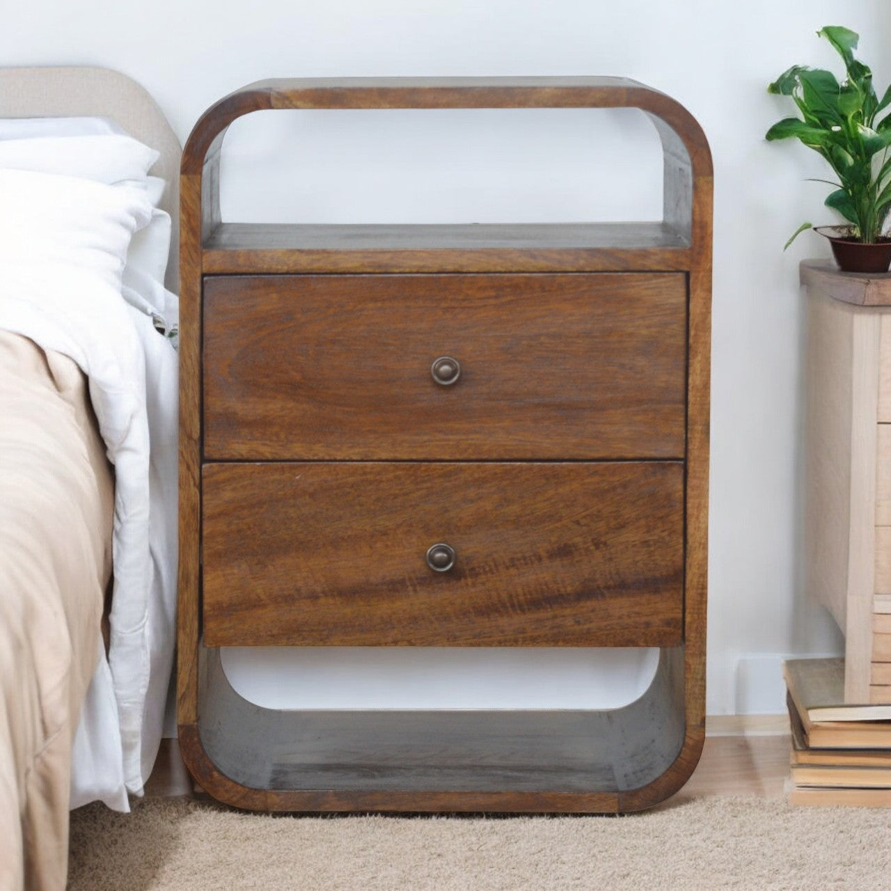 Solid Wood Chestnut Curve 2 Drawer Bedside