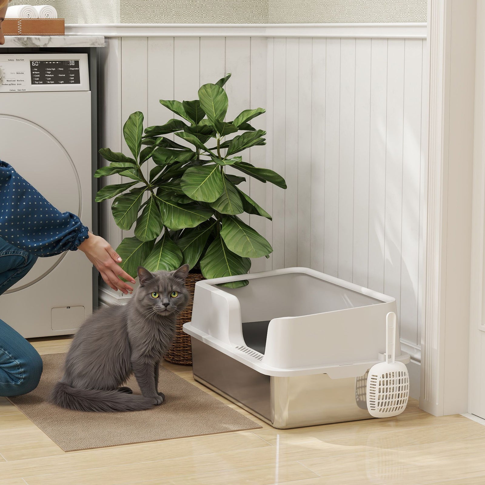 Pawhut Stainless Steel Litter Box, High Sided Metal Cat Litter Tray W/ Scoop