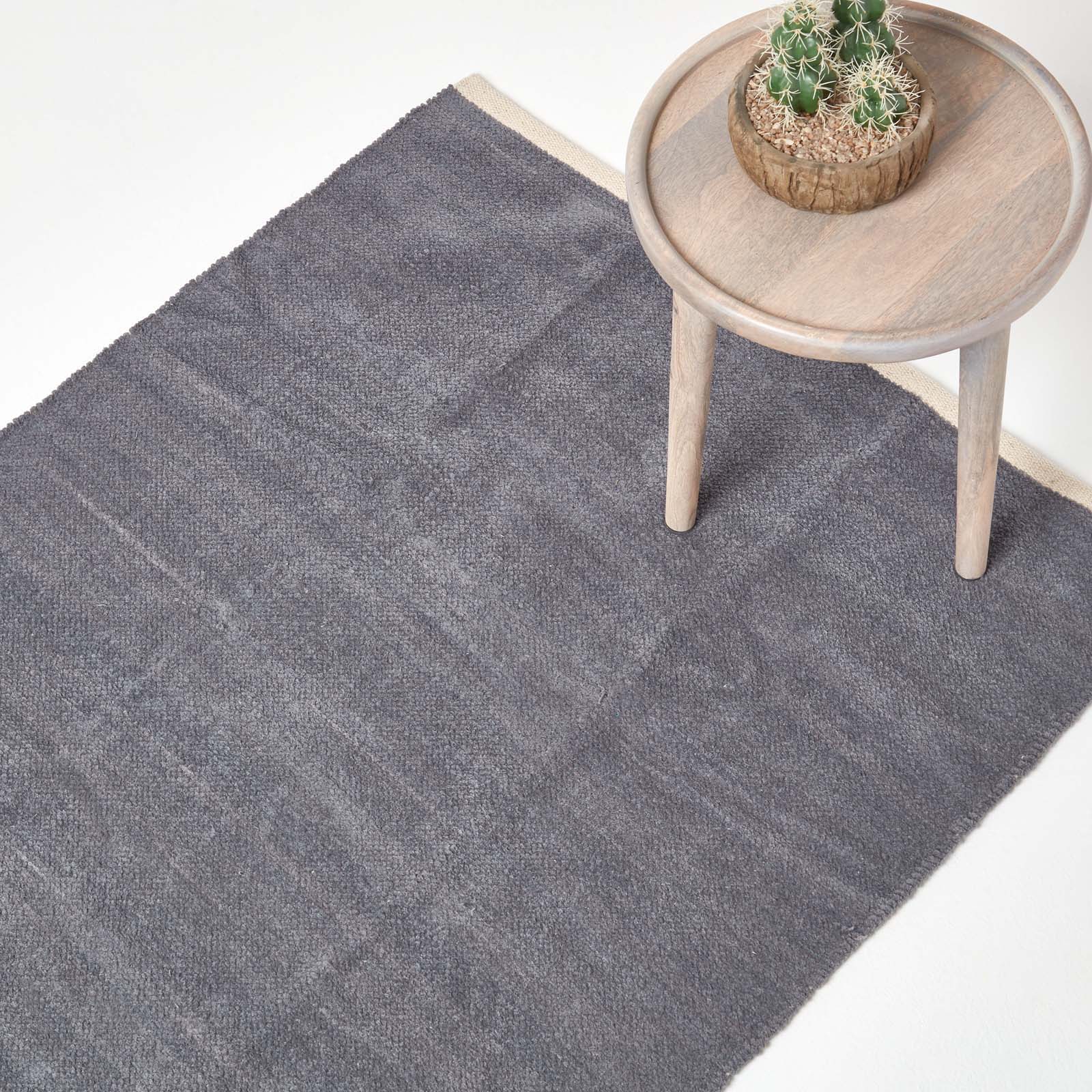 Plain Chenille 100% Cotton  Rug With Natural Trim | 170cm | Dark Grey