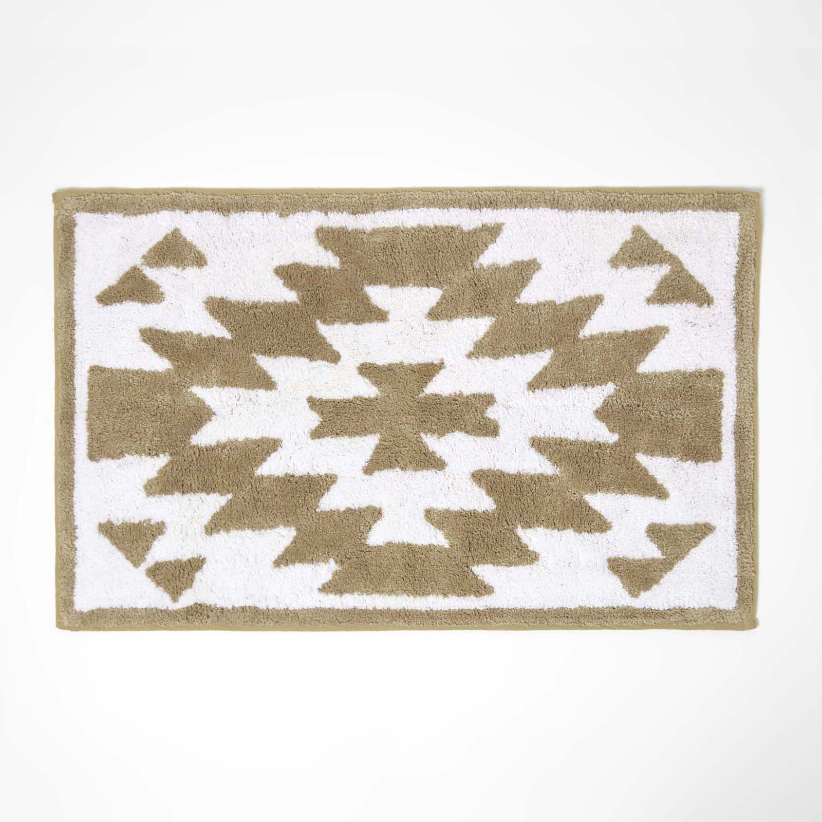 Natural And White Bath Mat 100% Cotton Aztec Design, 50 X 80 Cm