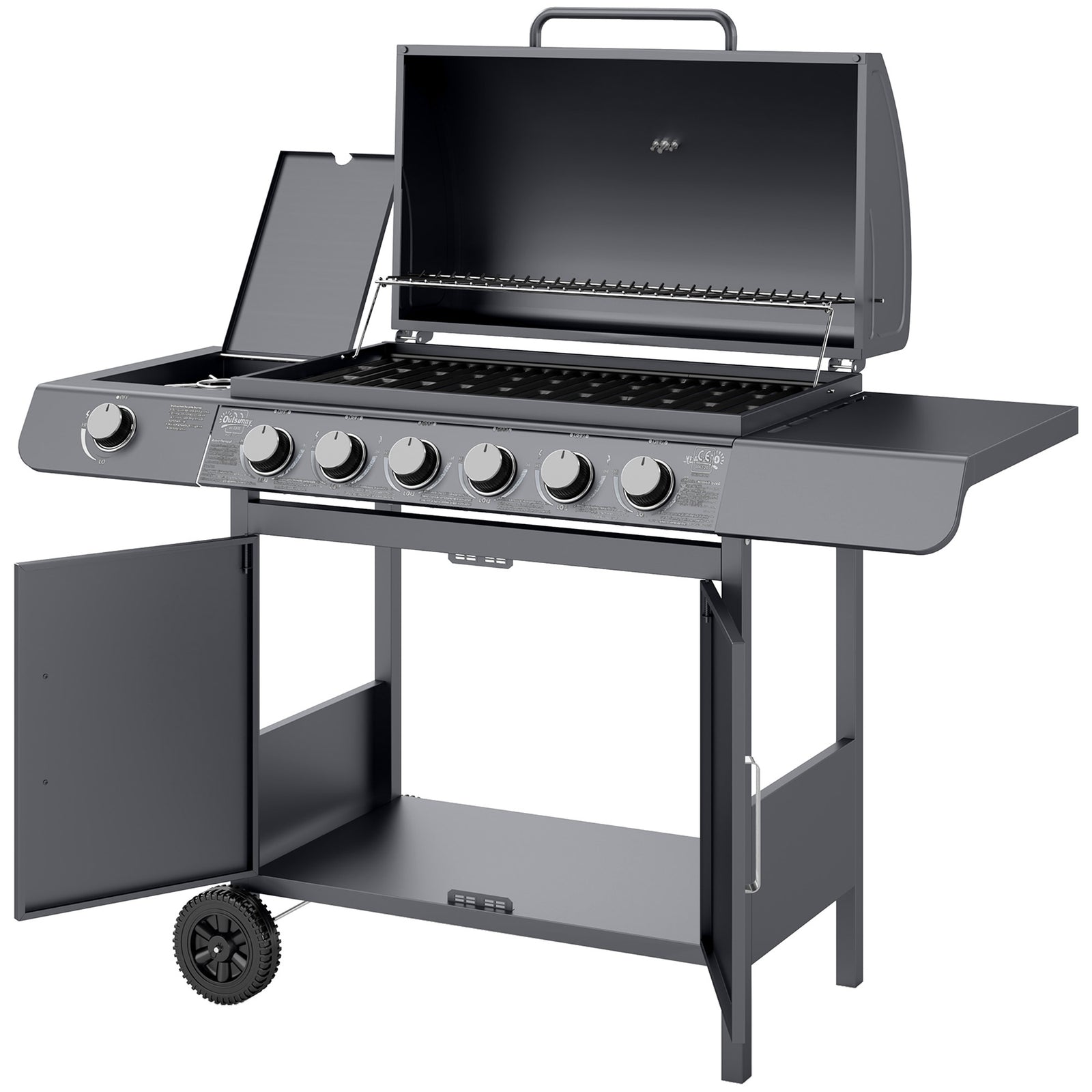 Outsunny 6+1 Burner Gas Bbq Grill Garden Barbecue W/ Wheels, Cabinet