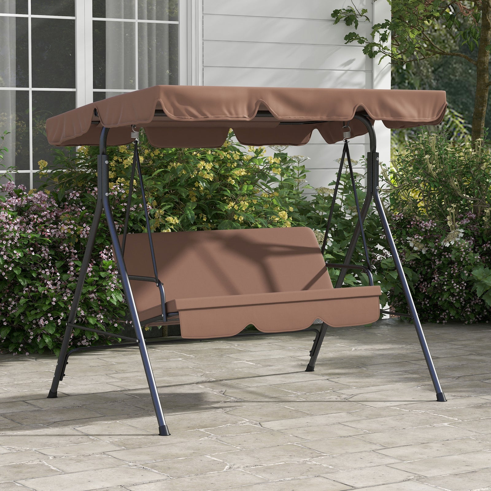 3-seat Swing Chair Garden Swing Seat W/ Adjustable Canopy | Brown