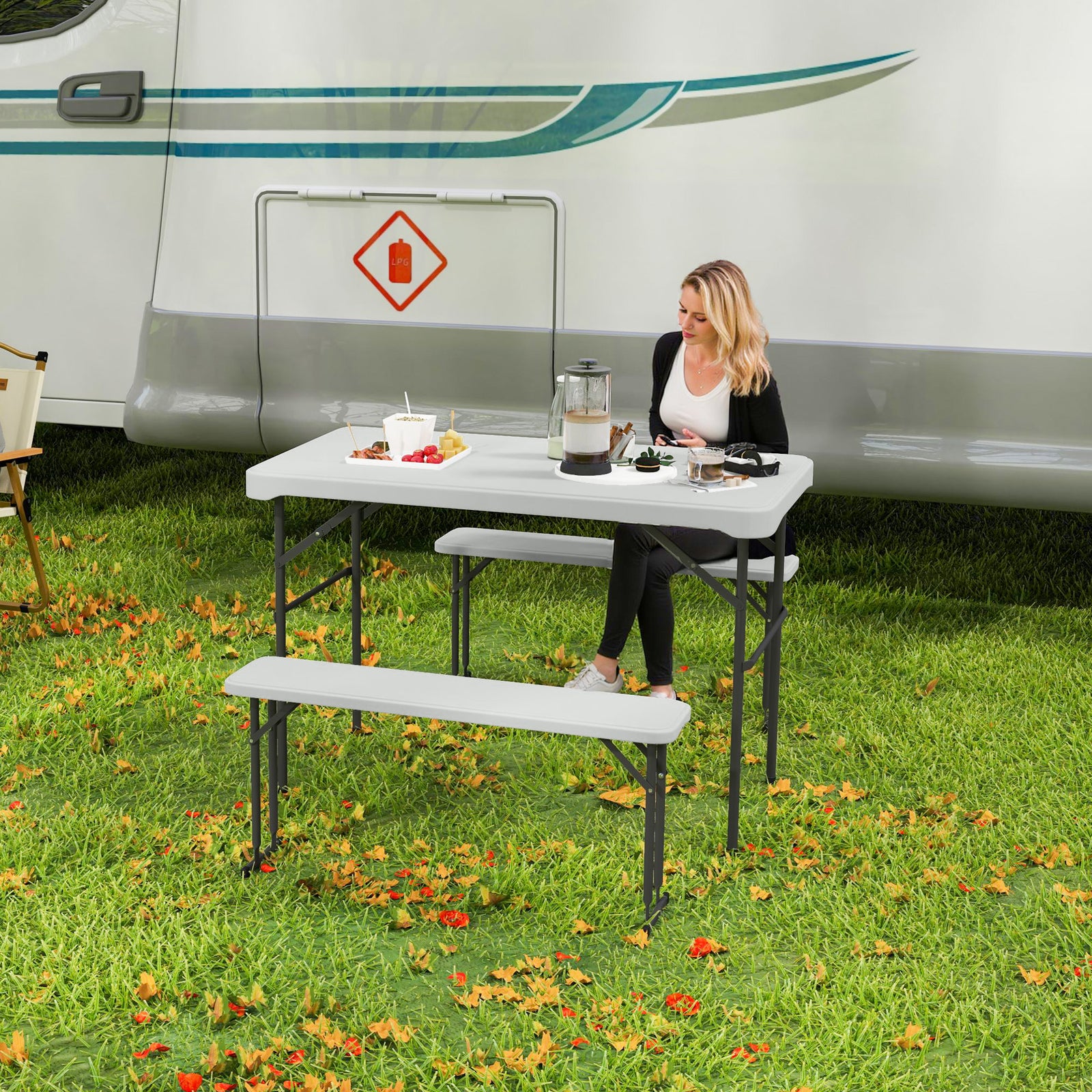 3 Piece Folding Picnic Table And Bench Set W/ Handle
