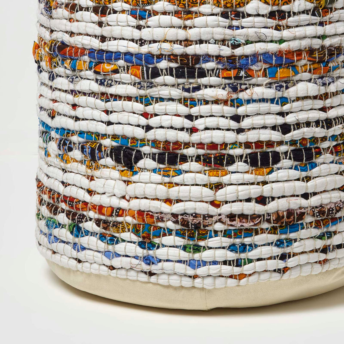 HOMESCAPES Cream Chindi Pattern Woven Bean Filled Pouffe Circular 45 X 40 Cm