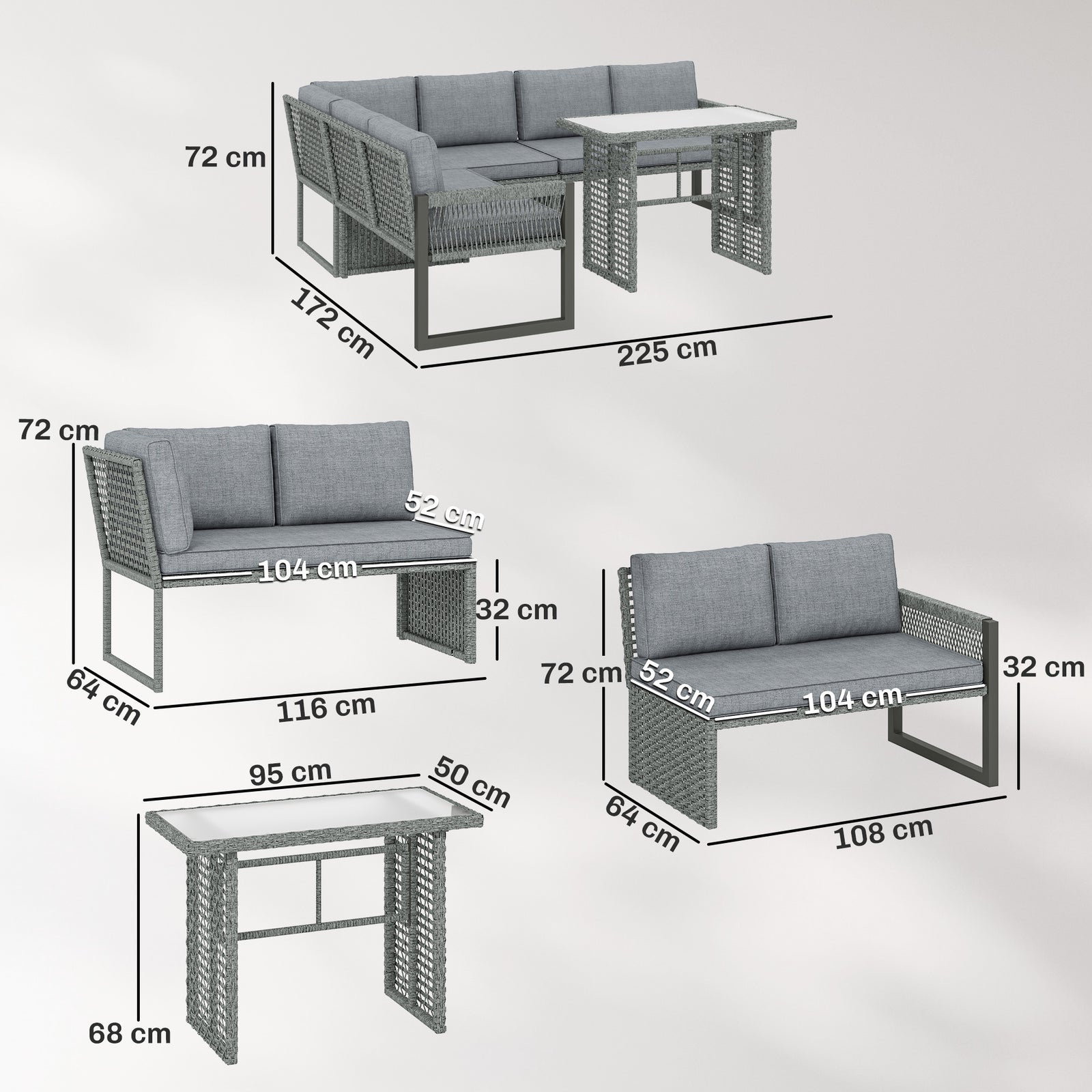 4 Piece Rattan Garden Furniture Set With 3 Loveseats, Table, Grey