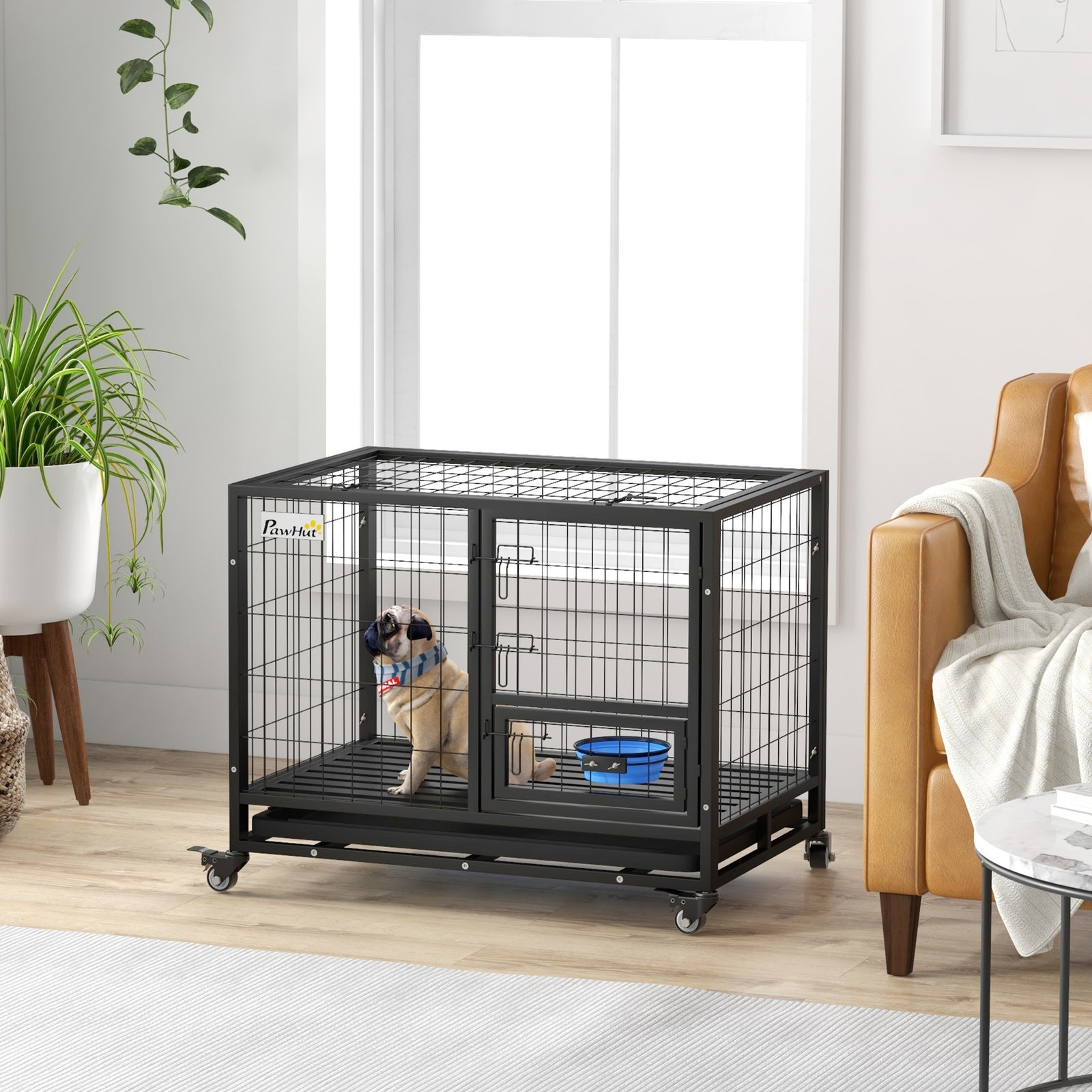 Heavy Duty Dog Crate W/ Bowl Holder, Openable Top