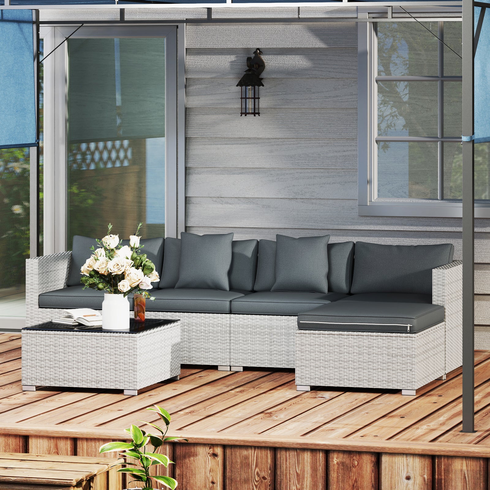 6 Pieces Rattan Furniture Set Garden Sofa Set Mixed Grey