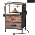 Slim Side Table With Charging Station, Bedside Table | Rustic Brown