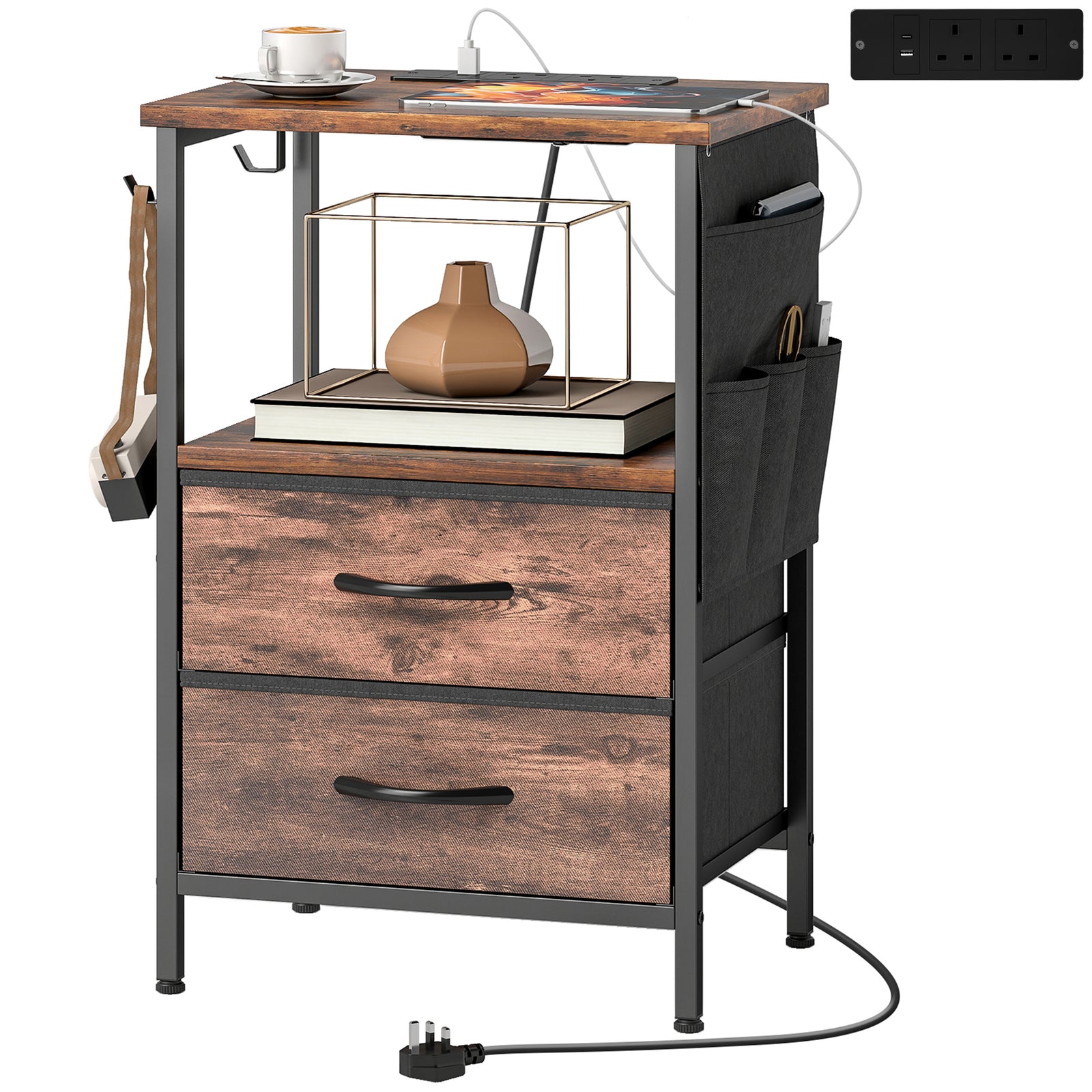 Slim Side Table With Charging Station, Bedside Table | Rustic Brown