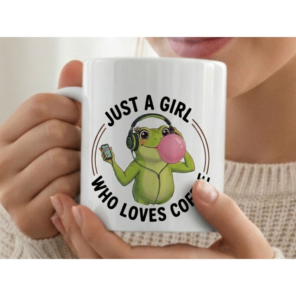 Dyzi Just A Girl Who Loves Coffee Frog Quote Ceramic Mug White