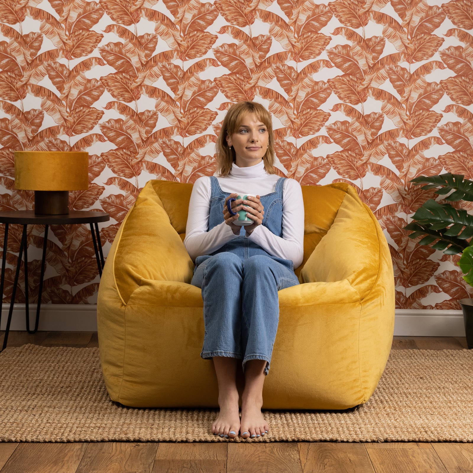 Natalia Velvet Armchair & Pouffe Set | Yellow